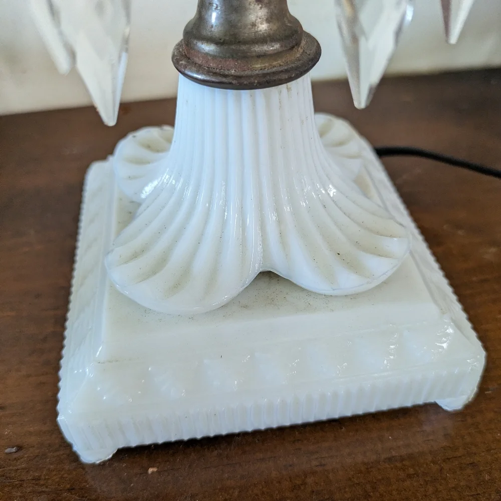Vintage Hollywood Regency Milk Glass & Brass Prism Lamp - Antique Style ROF